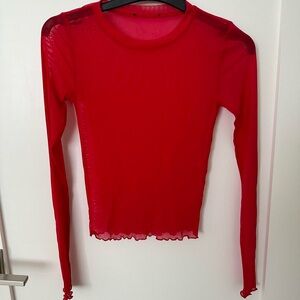Red Sheer Mesh Long Sleeve Top